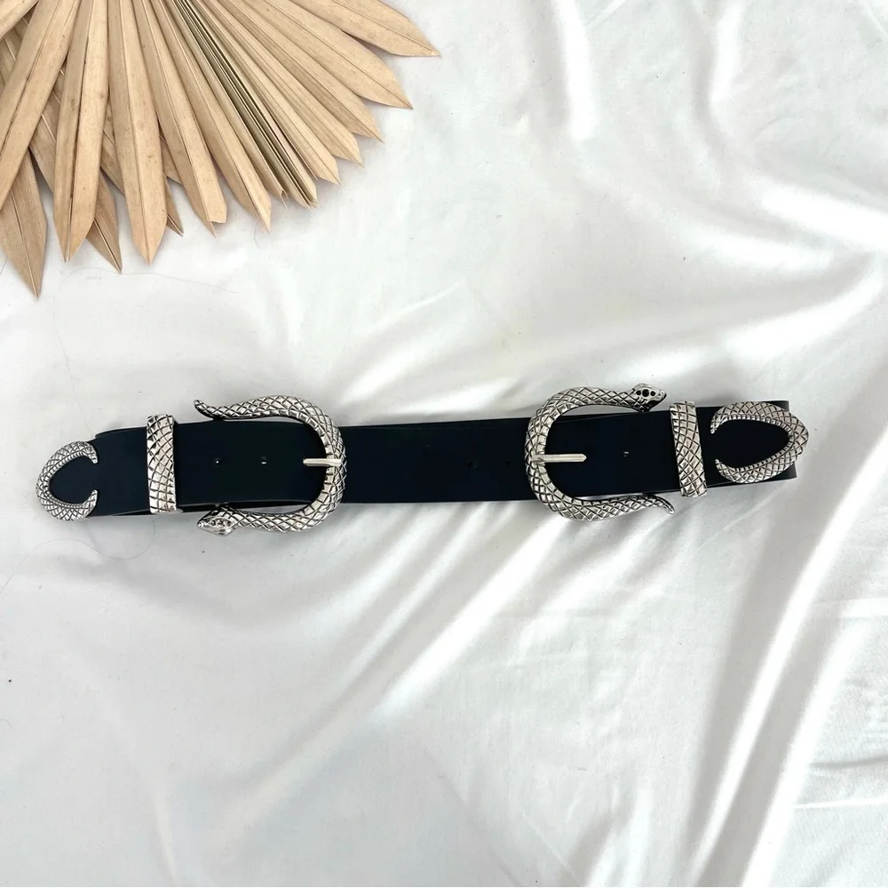 Fashion Nova Snake Reputation Black Silver Wide Faux Leather Double Buckle Belt
